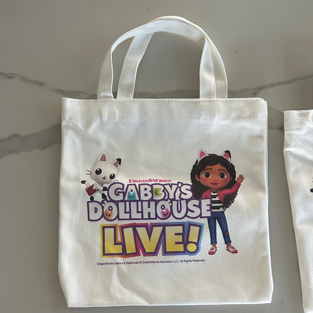 Gabby's Dollhouse Live! Kids Tote Bag - White. Set of two.